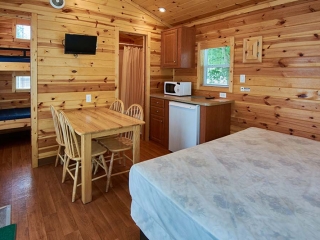 inside of cabin with kitchen area and bed