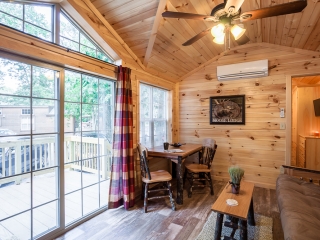 living area with patio doors inside cabin