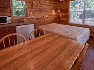 inside of cabin with table, kitchenette and bed