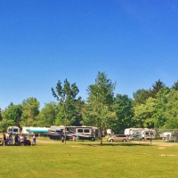 people at campsite with several campers