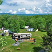 aerial view of campers at campsite