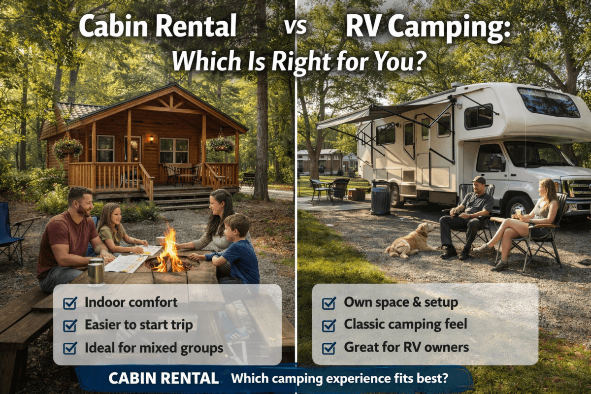A side-by-side comparison of a cozy cabin rental with a family gathered around a campfire on the left, and RV camping with a couple and their dog relaxing under an awning on the right, with key features highlighted for each option.