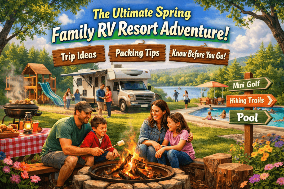 A family enjoying a spring RV resort getaway, with a campfire, an RV, playground, swimming pool, and activity signs for mini golf and hiking trails in a scenic, vibrant outdoor setting.