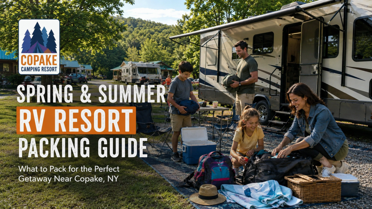 Family packing for a spring and summer RV camping trip at a resort near Copake NY