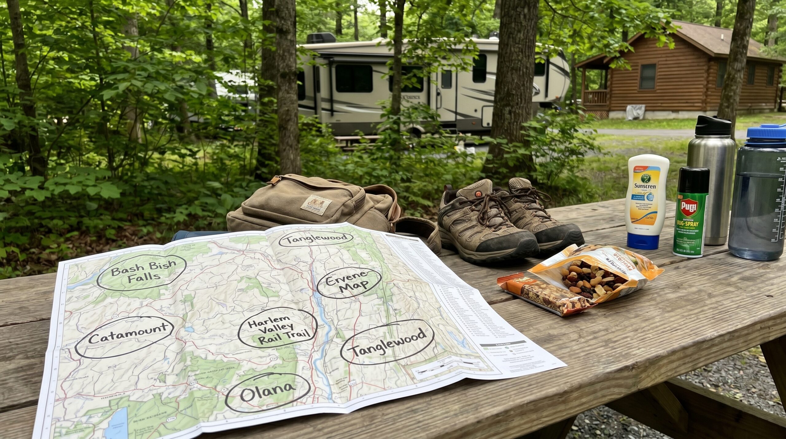 Family day-trip map with nearby Copake attractions, backpack, snacks, and walking shoes.