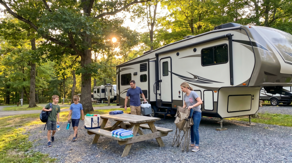 Family arriving for a weekend RV resort trip at a wooded campsite near Copake, NY